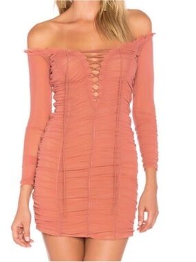 MAJORELLE Lace-Up Ruched Mini Dress in Dusty Rose